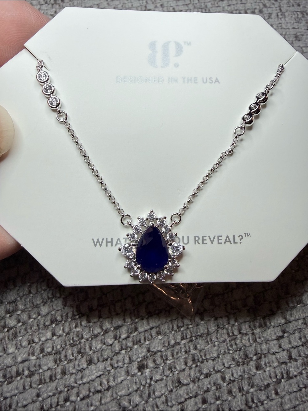 Silver Necklace with Deep Blue Teardrop Halo Pendant by B?P